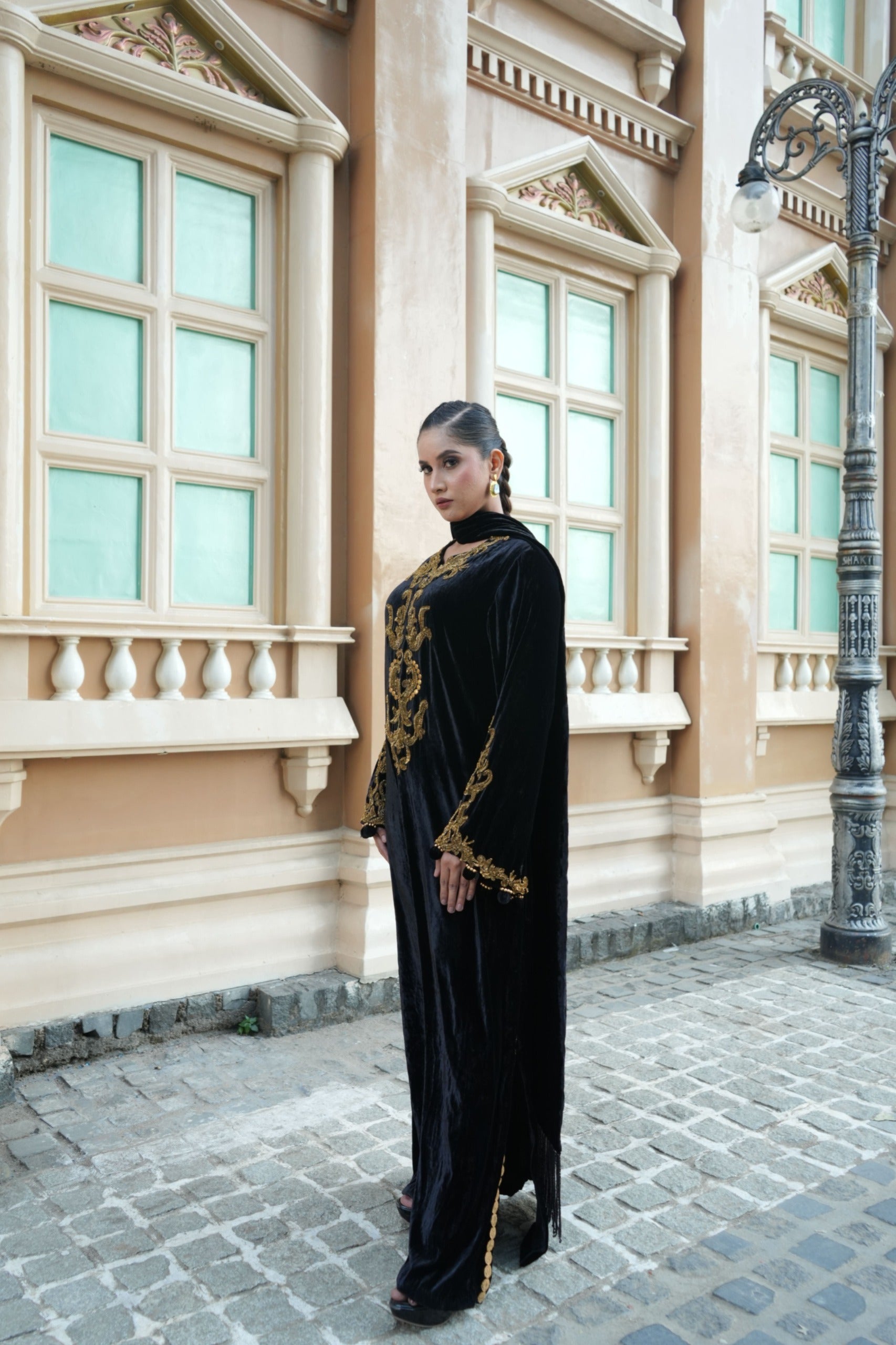 Black silk velvet choga with stole