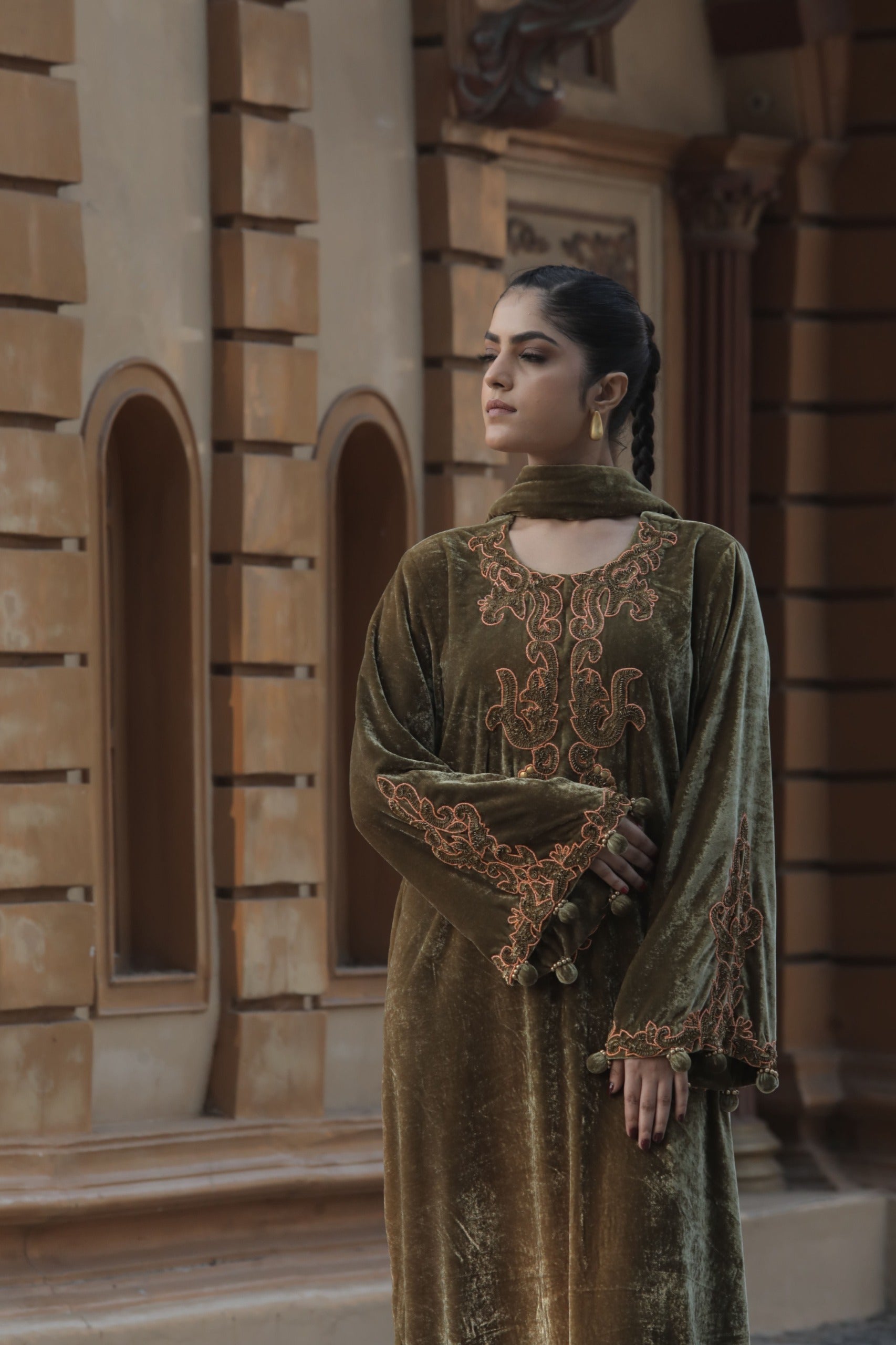 olive green silk velvet choga with stole