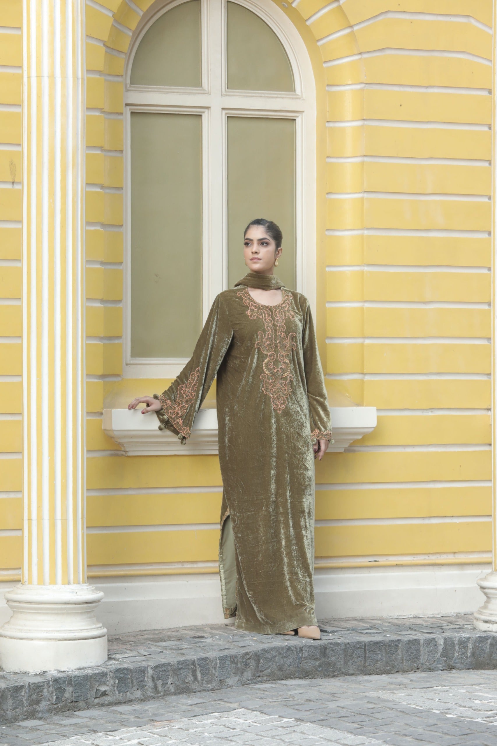 olive green silk velvet choga with stole