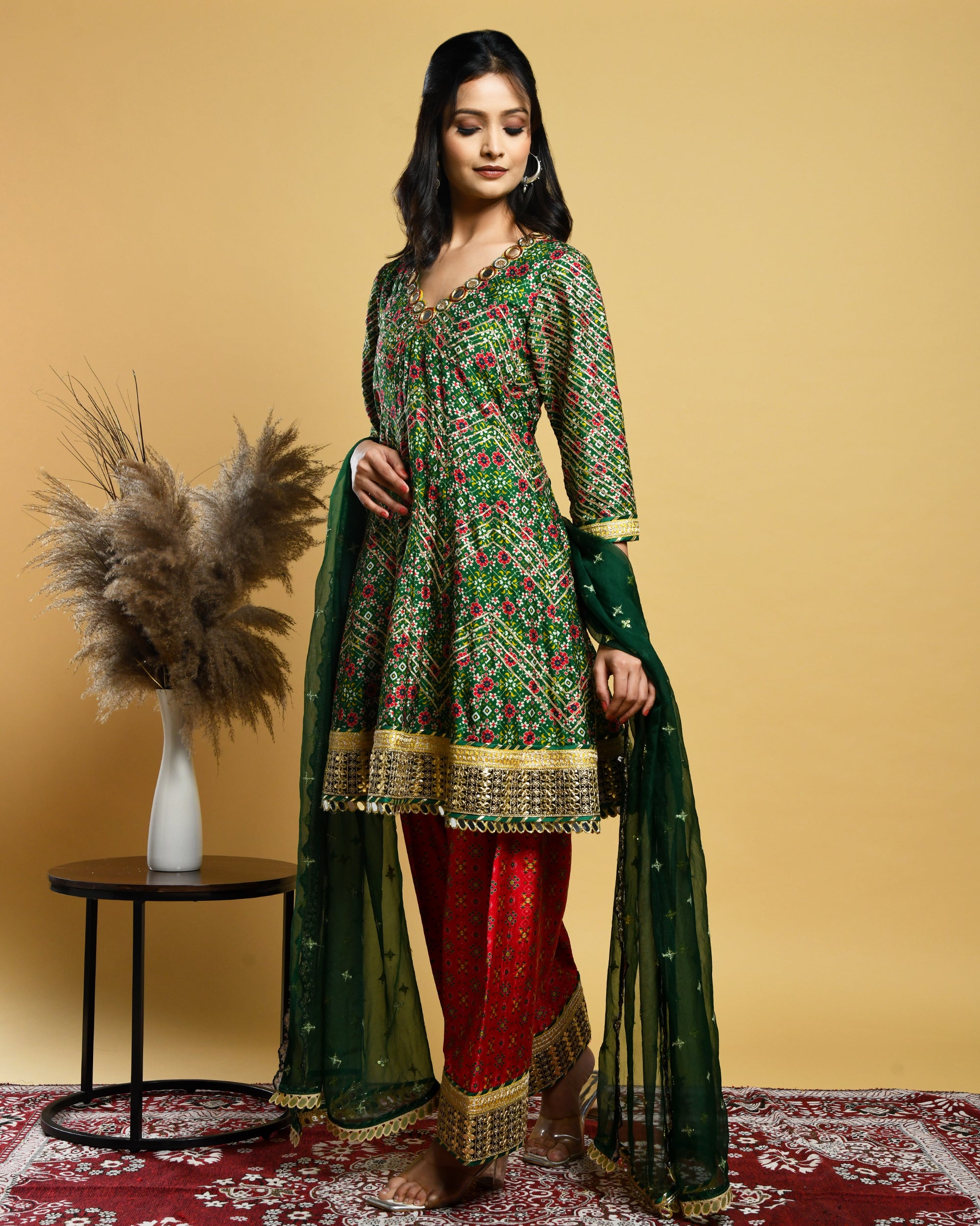 Green Short Anarkali Suit (Three piece set)