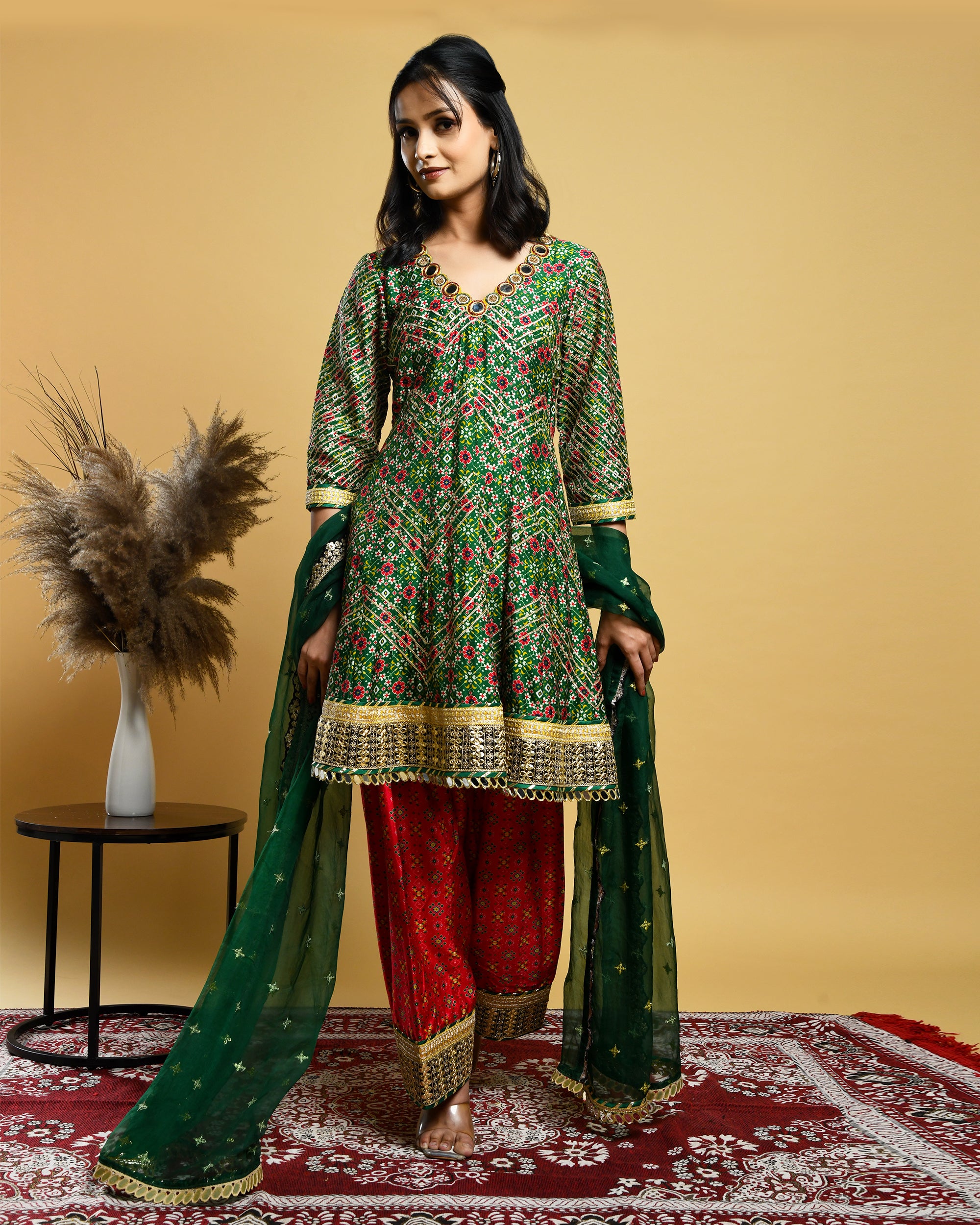 Green Short Anarkali Suit (Three piece set)