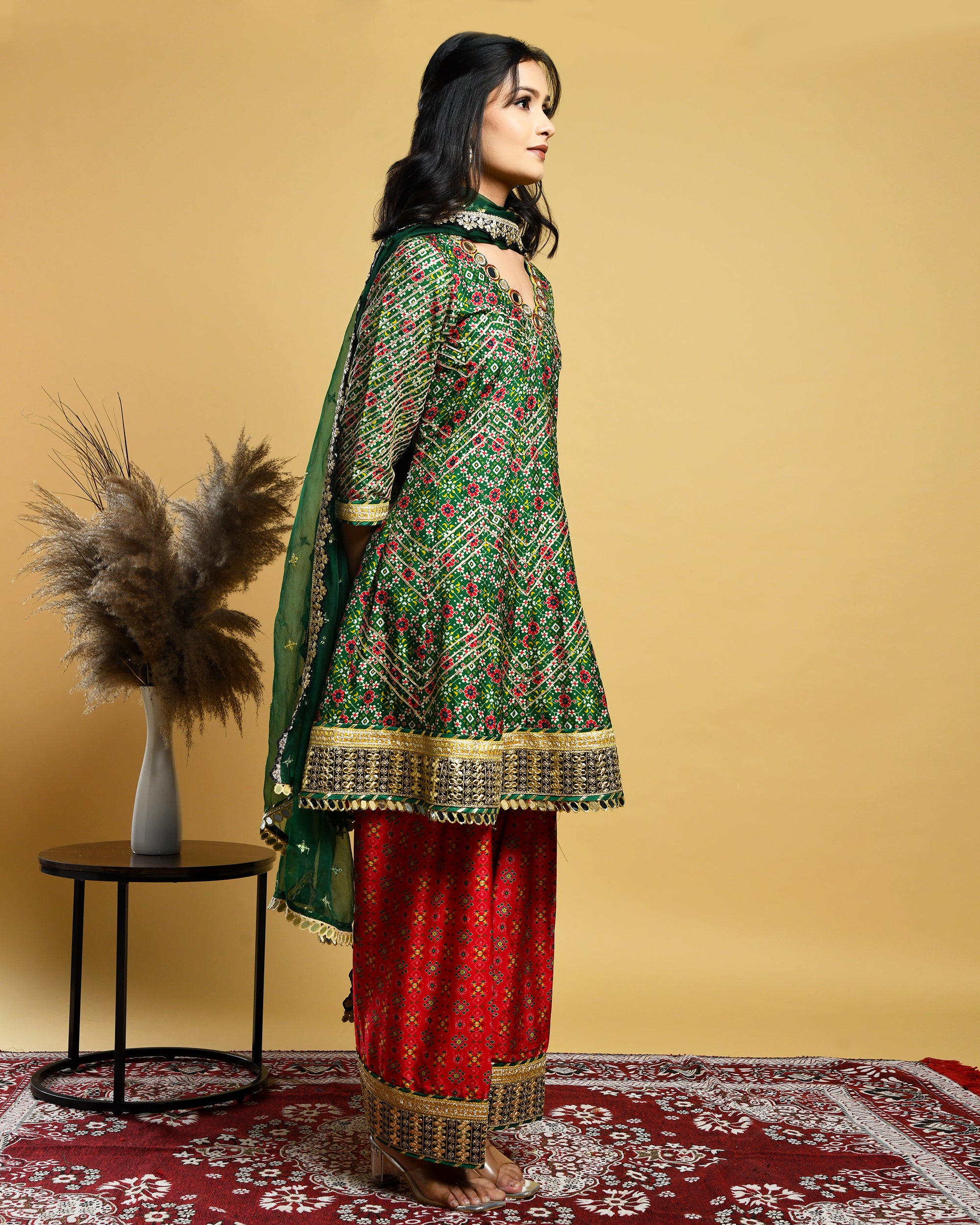 Green Short Anarkali Suit (Three piece set)