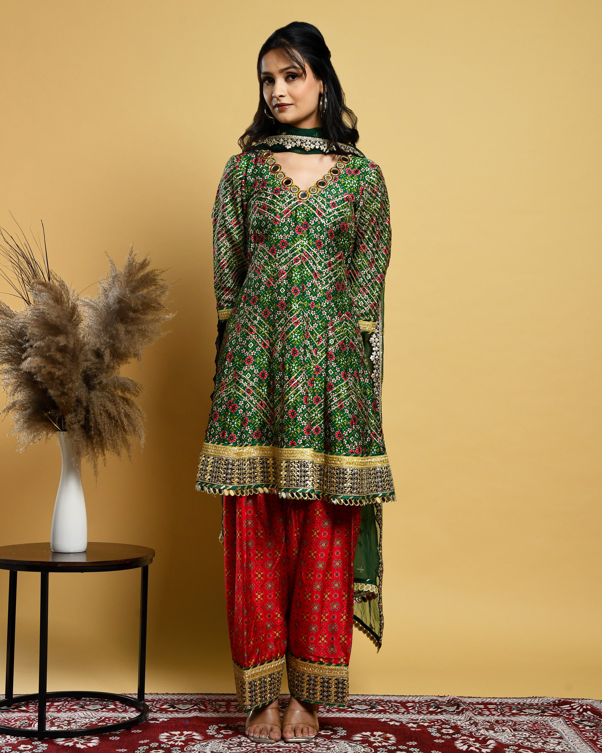 Green Short Anarkali Suit (Three piece set)