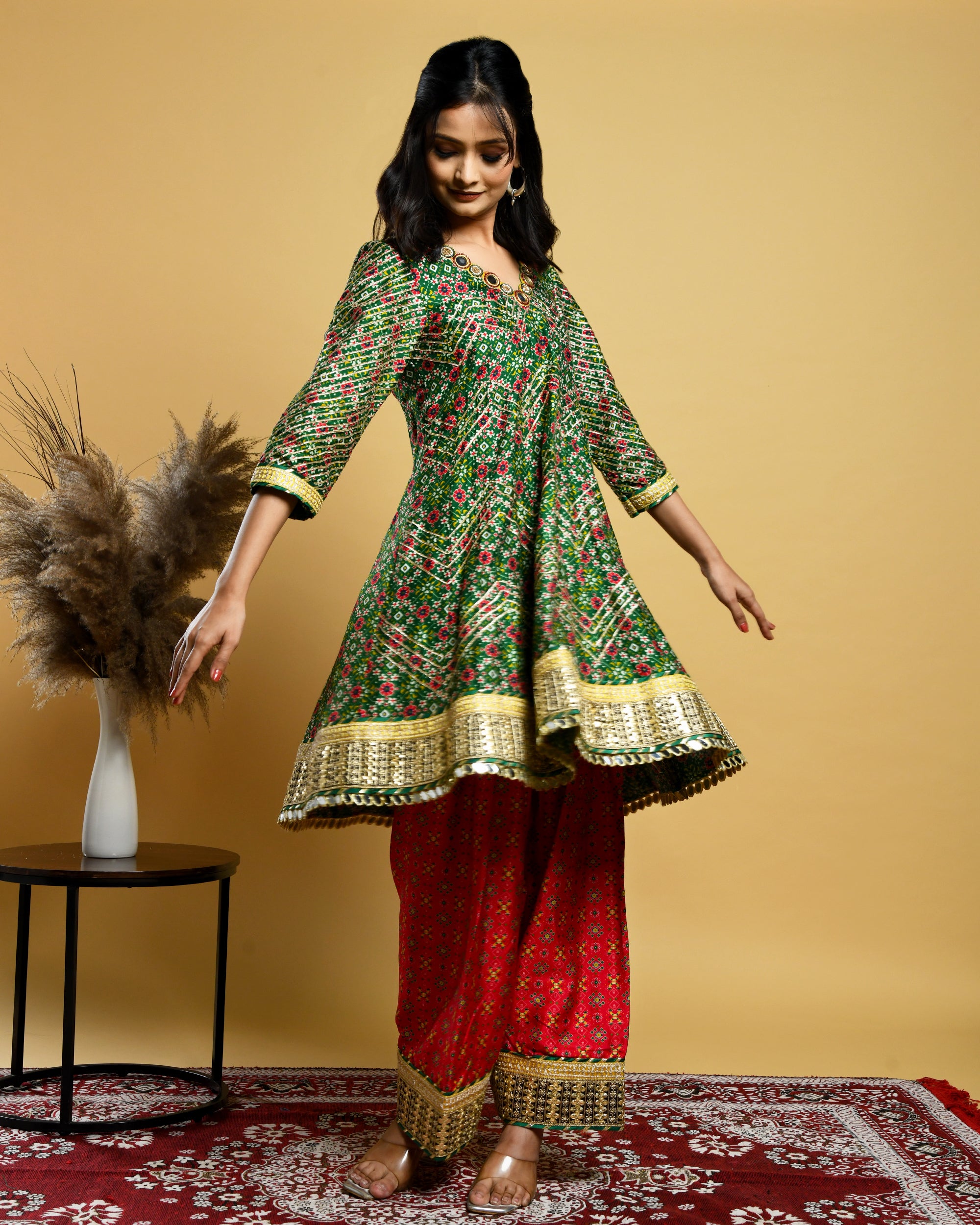 Green Short Anarkali Suit (Three piece set)