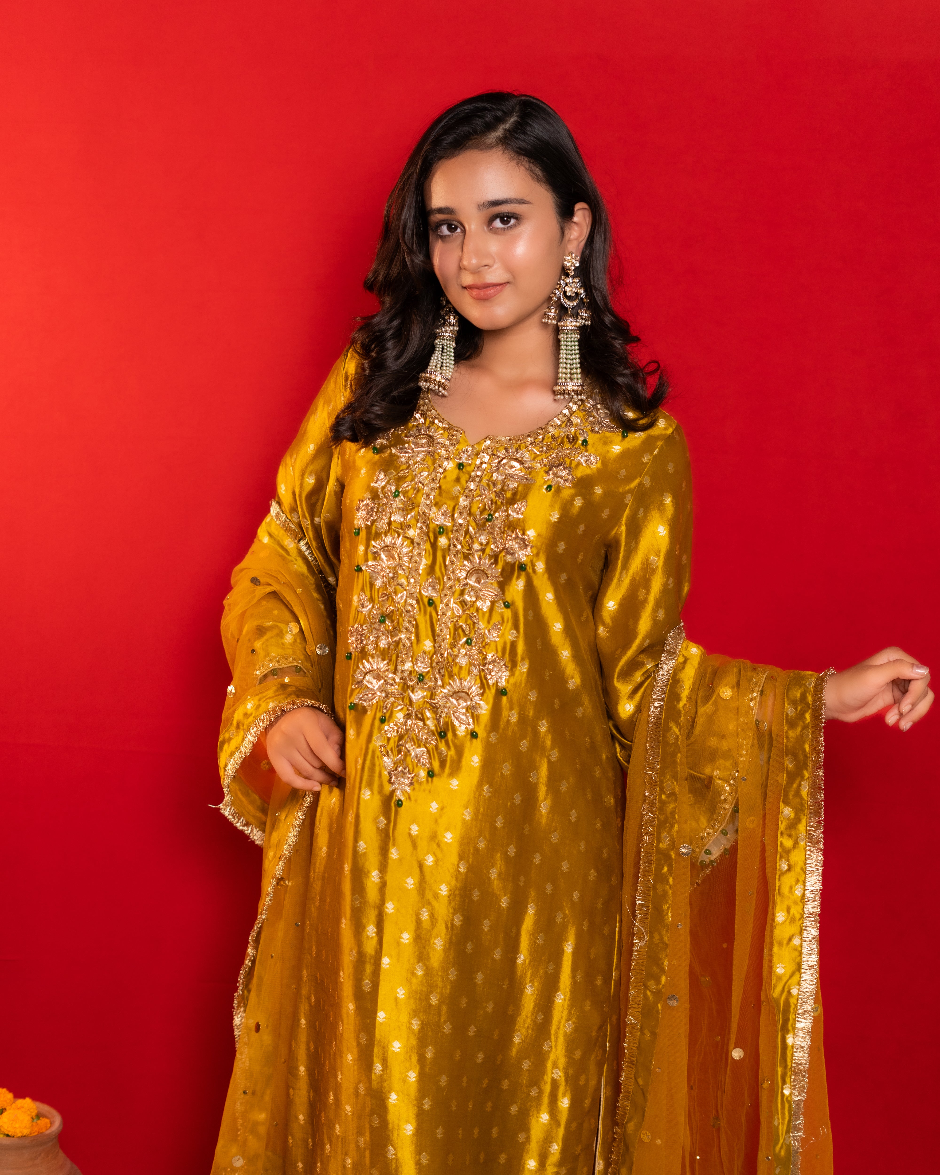 Yellow pure silk suit with pants