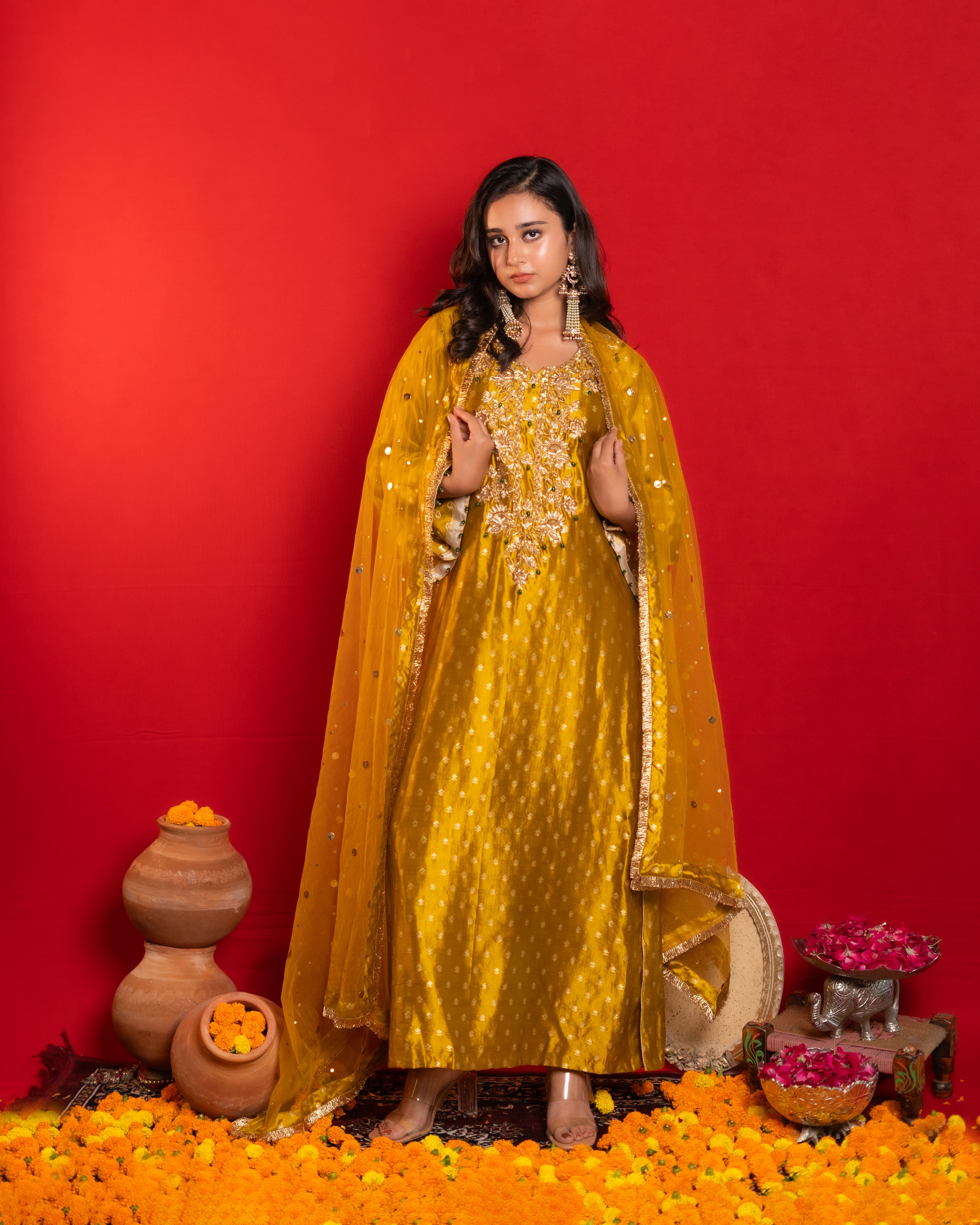 Yellow pure silk suit with pants