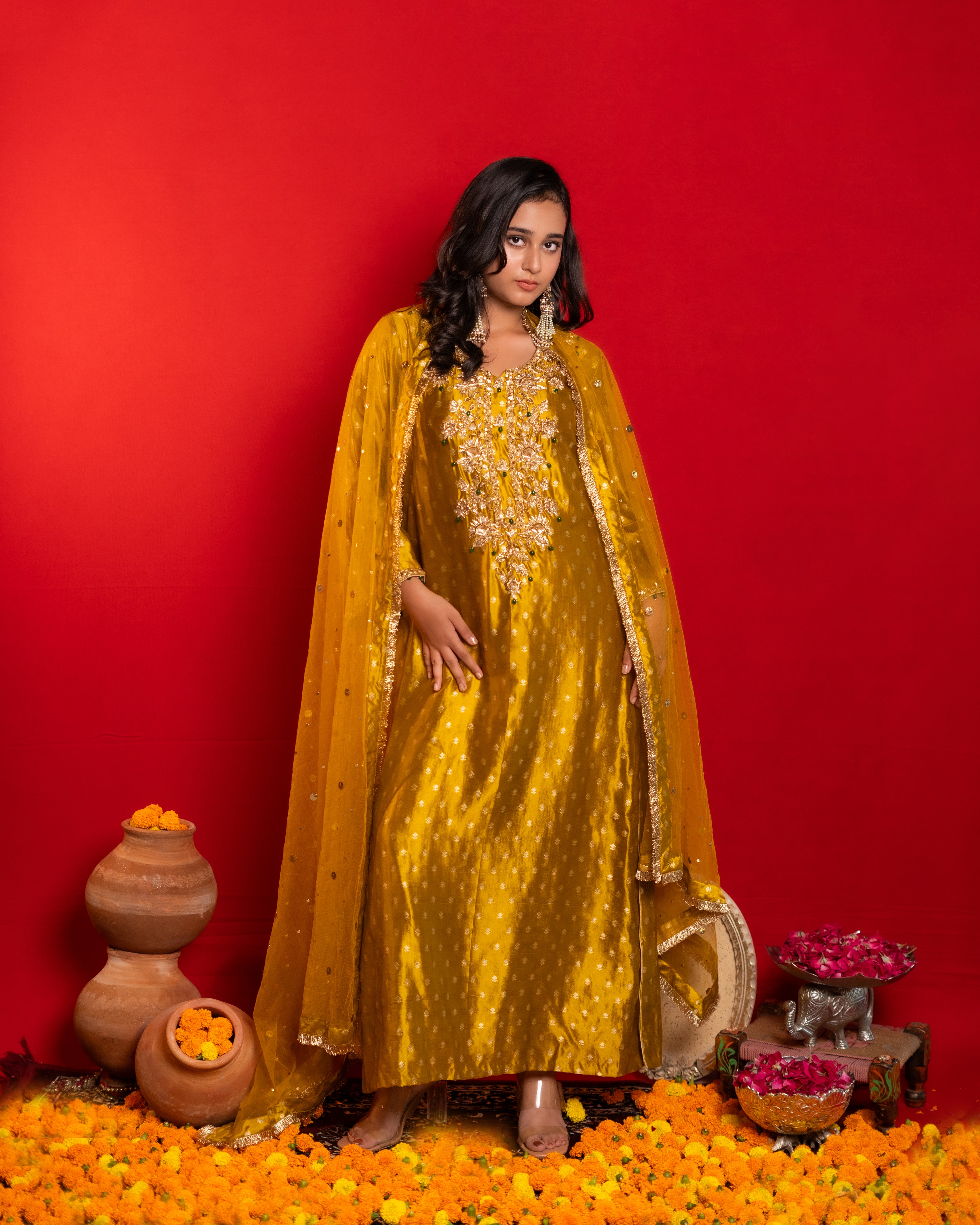 Yellow pure silk suit with pants