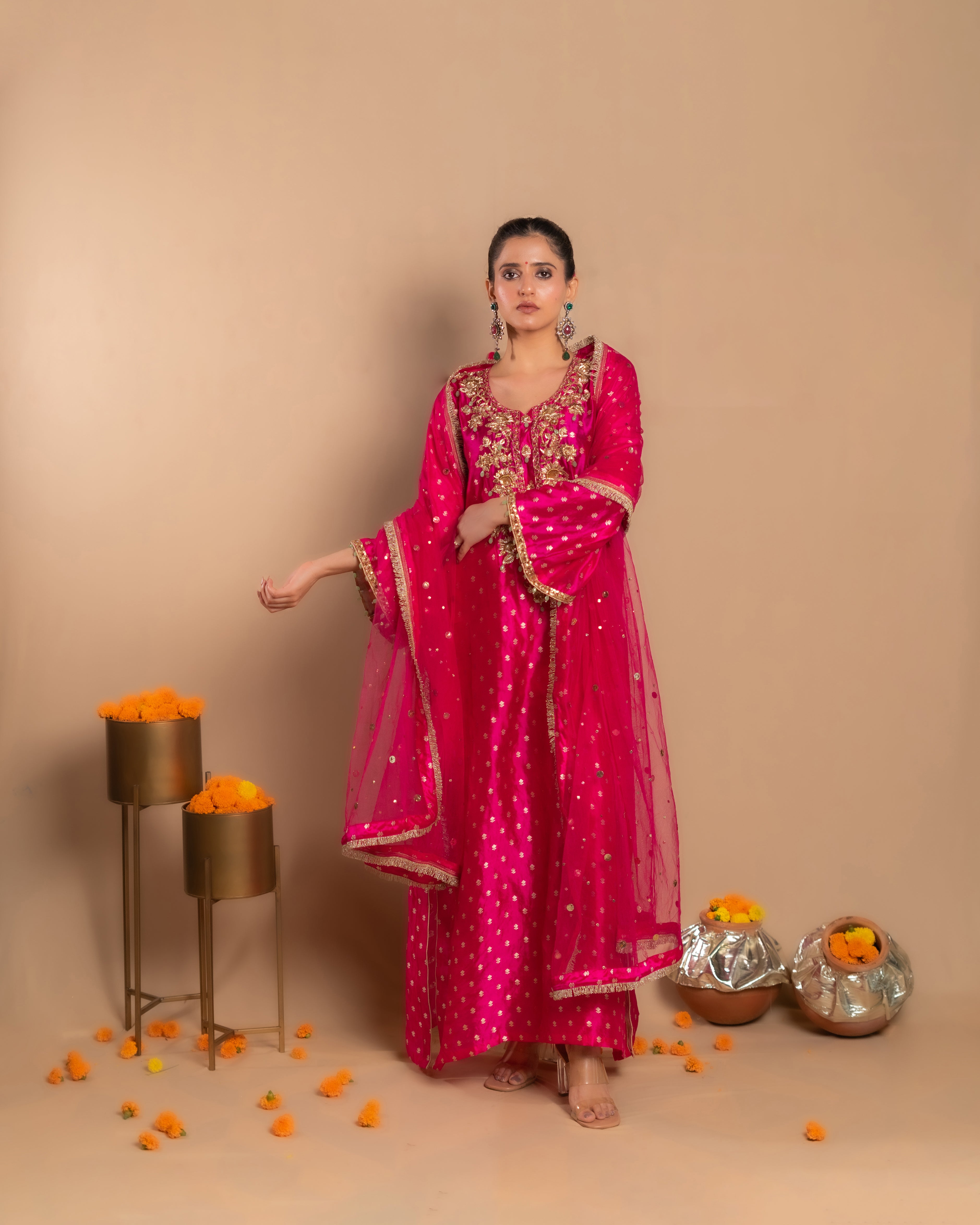 Hot pink pure silk suit with pants