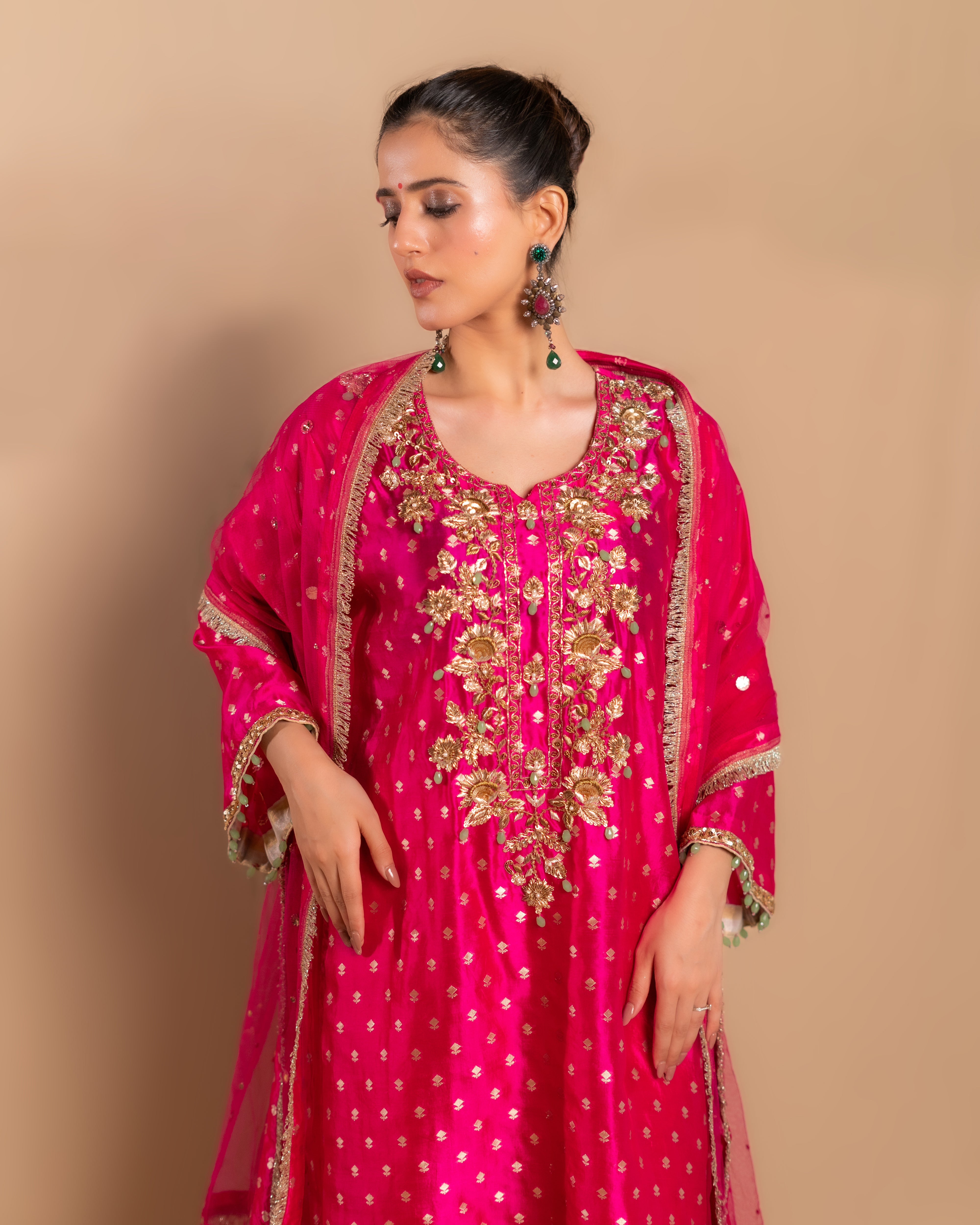 Hot pink pure silk suit with pants