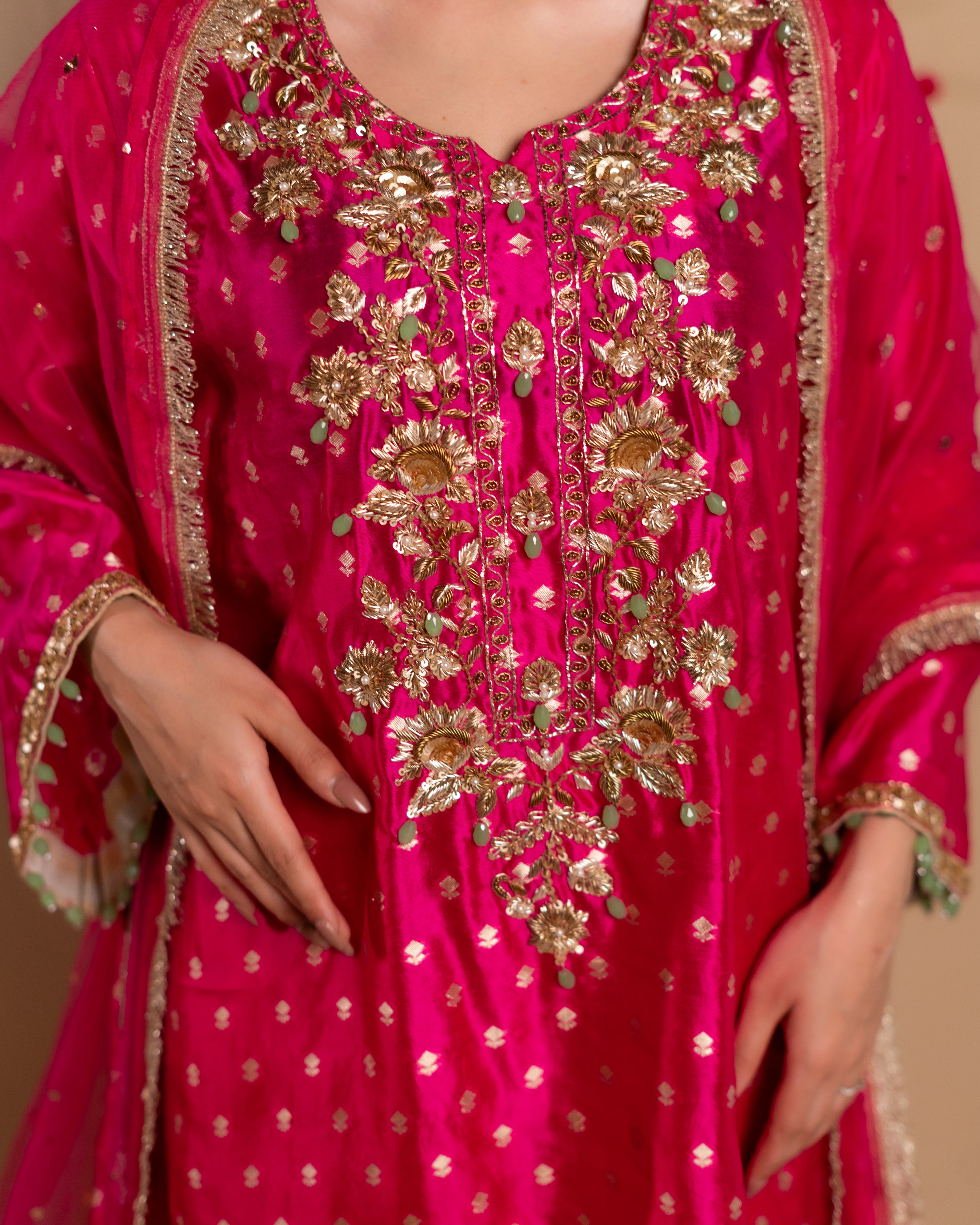 Hot pink pure silk suit with pants