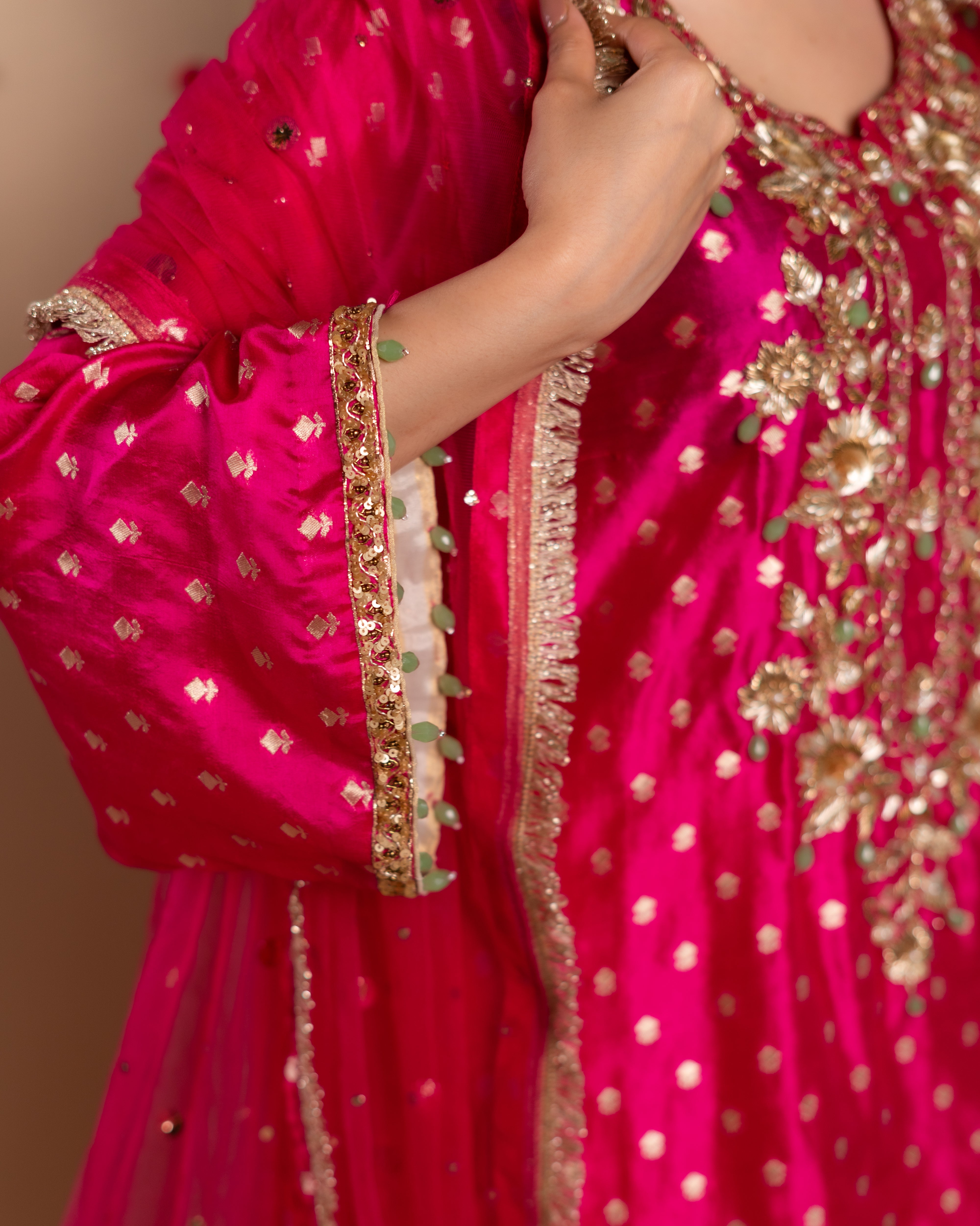 Hot pink pure silk suit with pants