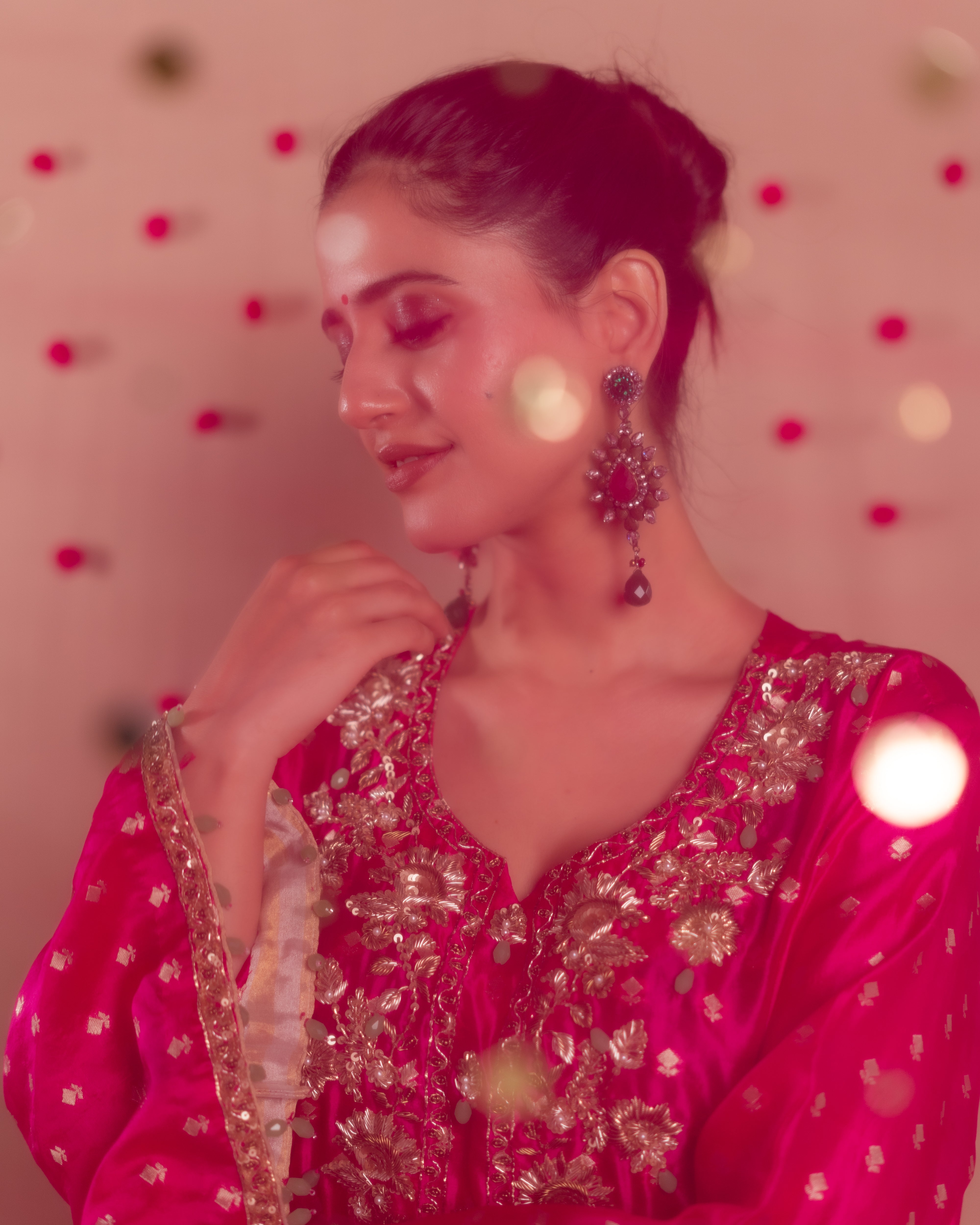 Hot pink pure silk suit with pants