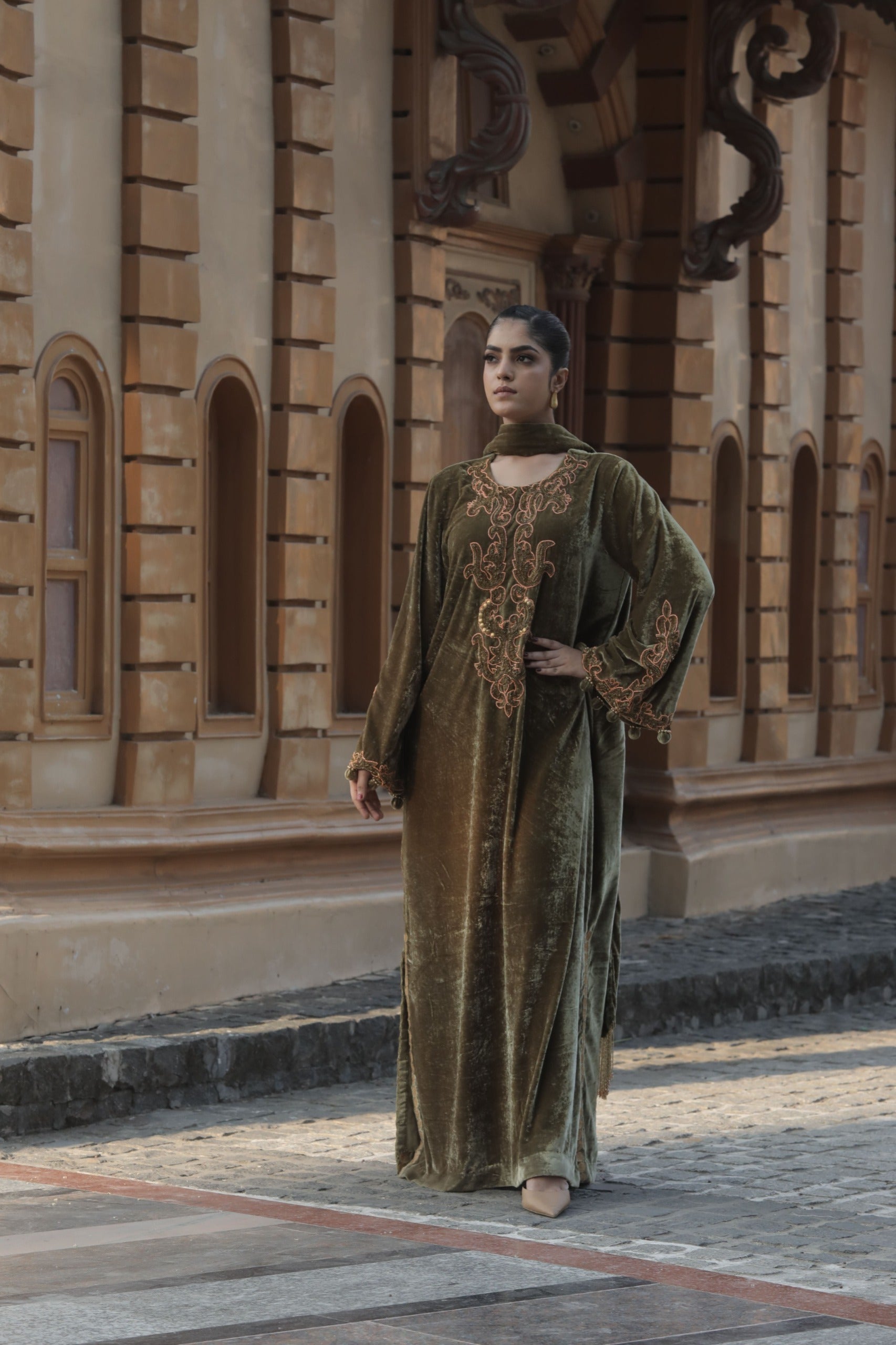 olive green silk velvet choga with stole