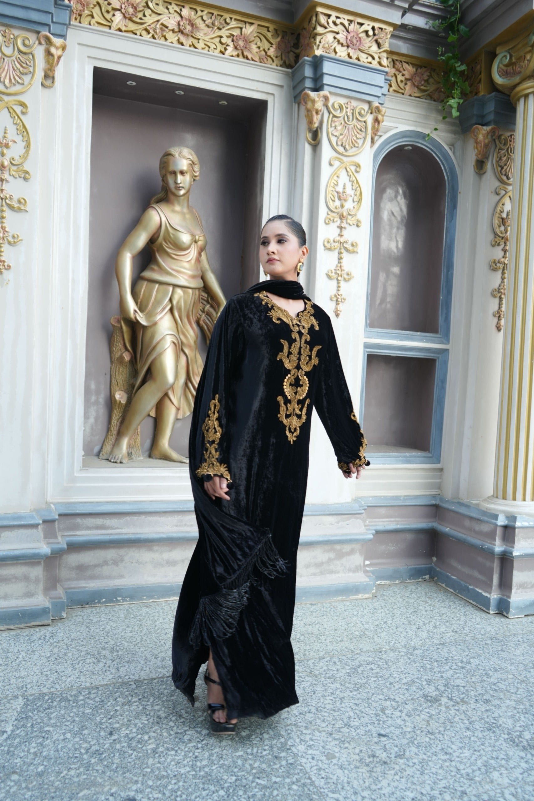 Black silk velvet choga with stole